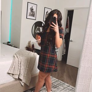 Christmas plaid puff shoulder mini dress